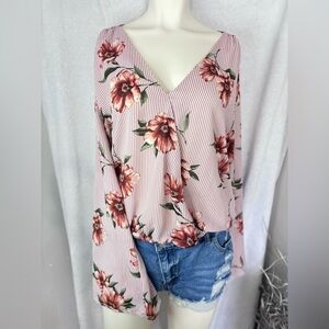Floral Blouse Striped Surplice Long Sleeve Flowy Top Lightweight  Size S‎